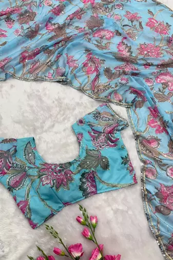 sky blue printed sequin embroidered georgette saree with blouse