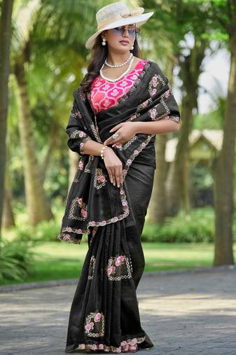Black embroidered, cut work crush silk bollywood saree with blouse