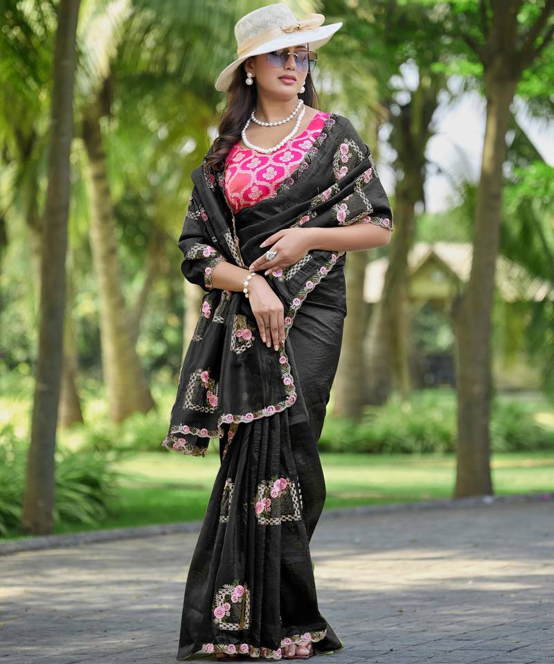Black embroidered, cut work crush silk bollywood saree with blouse
