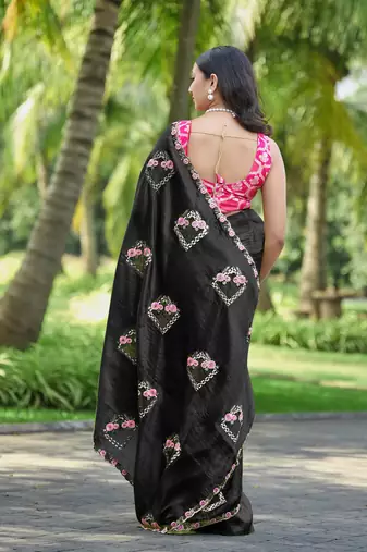Black embroidered, cut work crush silk bollywood saree with blouse