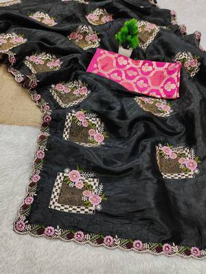 Black embroidered, cut work crush silk bollywood saree with blouse 4