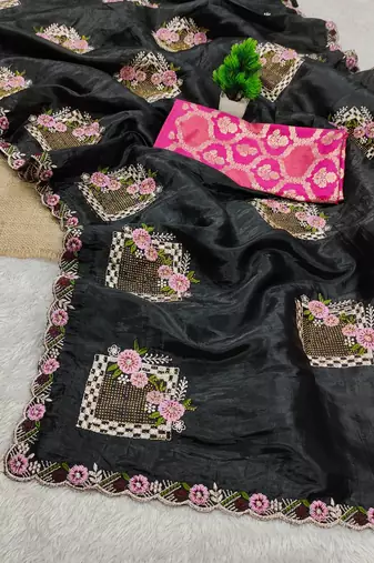 Black embroidered, cut work crush silk bollywood saree with blouse