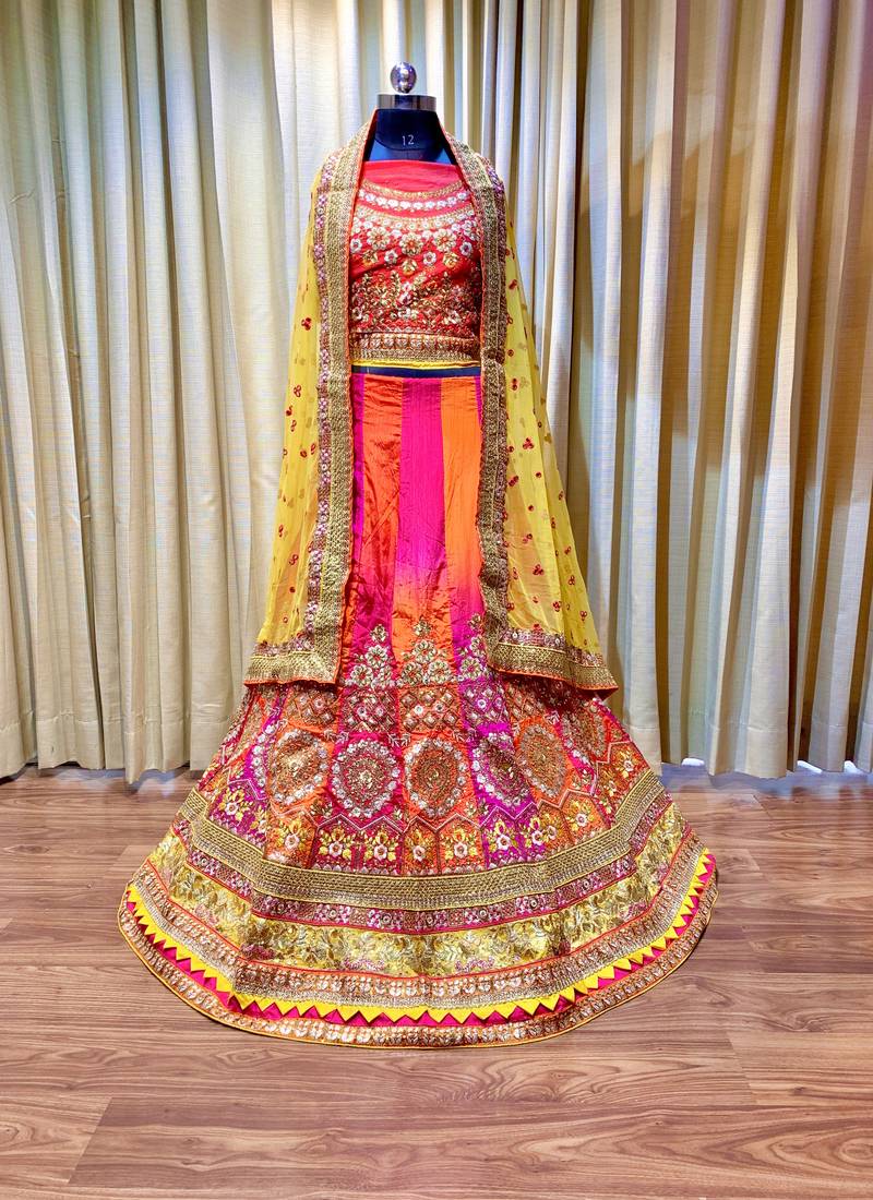 Pure Silk Party Wear Lehenga In Multi Color Color With Embroidery Work