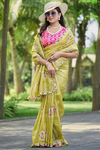 Olive green embroidered, cut work crush silk bollywood saree with blouse