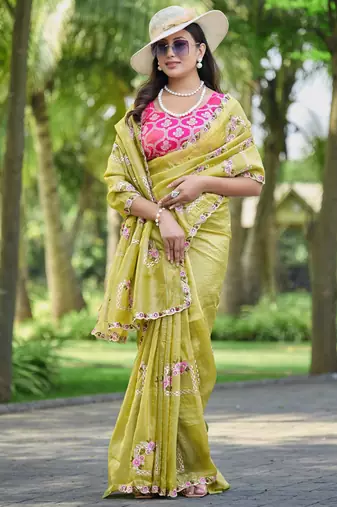 Olive green embroidered, cut work crush silk bollywood saree with blouse