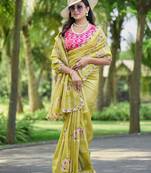Olive green embroidered, cut work crush silk bollywood saree with blouse