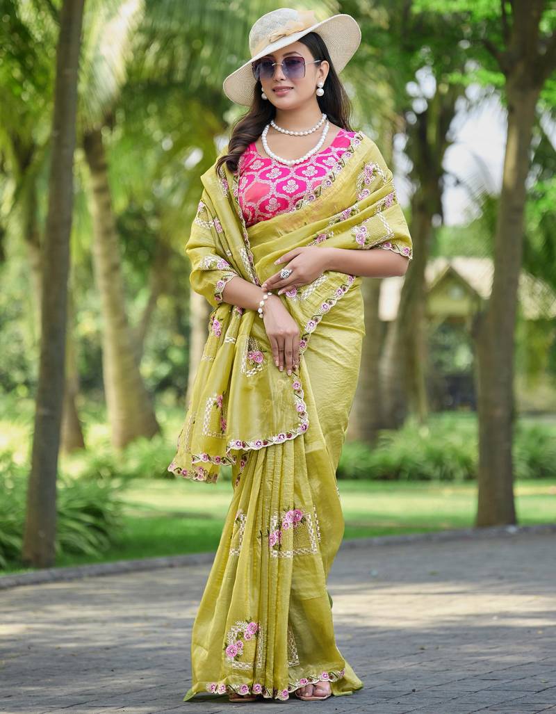 Olive green embroidered, cut work crush silk bollywood saree with blouse