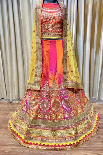 Pure Silk Party Wear Lehenga In Multi Color Color With Embroidery Work