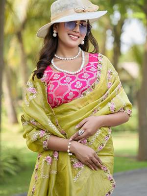 Olive green embroidered, cut work crush silk bollywood saree with blouse 2