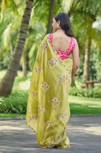Olive green embroidered, cut work crush silk bollywood saree with blouse