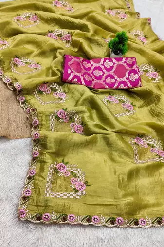 Olive green embroidered, cut work crush silk bollywood saree with blouse