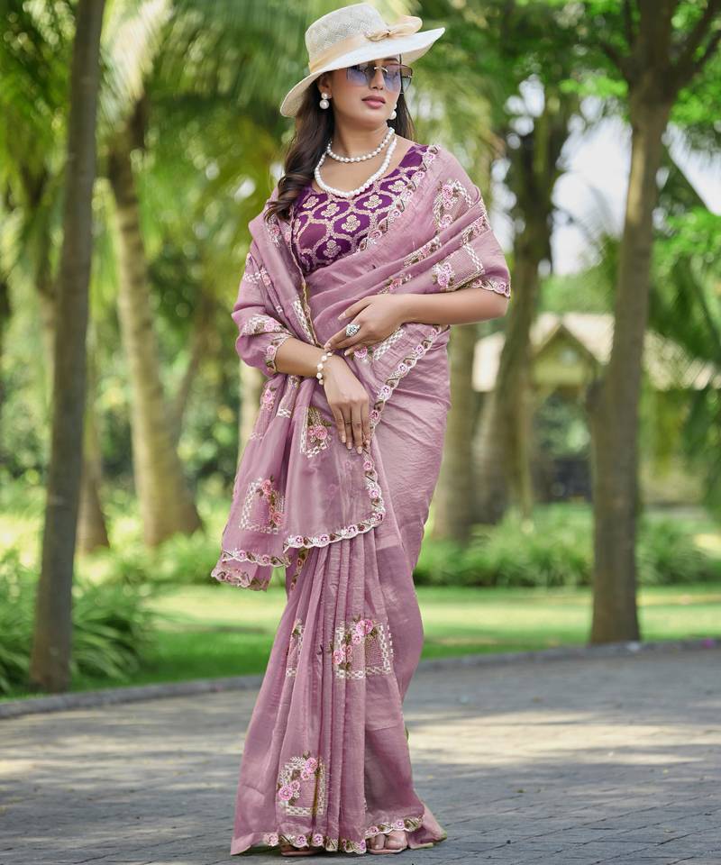 Pink embroidered, cut work crush silk bollywood saree with blouse