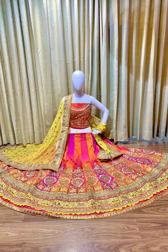 Pure Silk Wedding Wear Lehenga In Multi Color Color With Embroidery Work
