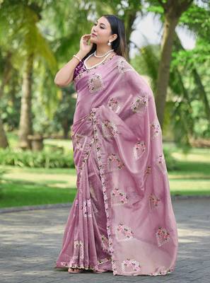 Pink embroidered, cut work crush silk bollywood saree with blouse 3