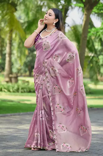 Pink embroidered, cut work crush silk bollywood saree with blouse