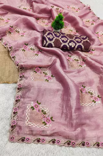 Pink embroidered, cut work crush silk bollywood saree with blouse