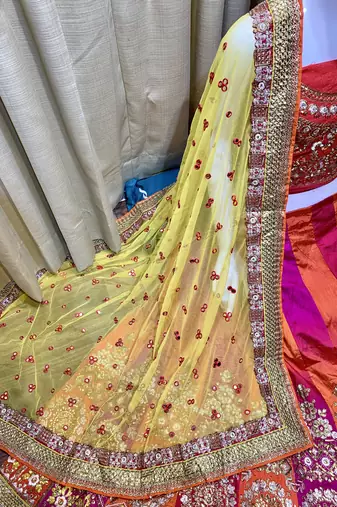 Pure Silk Wedding Wear Lehenga In Multi Color Color With Embroidery Work