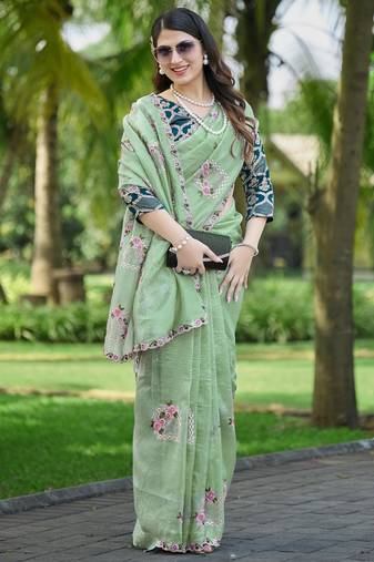 Pista green embroidered, cut work crush silk bollywood saree with blouse