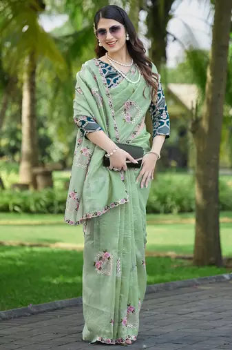 Pista green embroidered, cut work crush silk bollywood saree with blouse