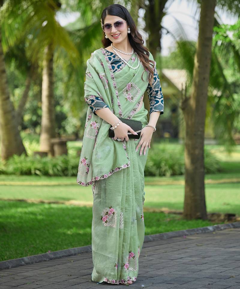 Pista green embroidered, cut work crush silk bollywood saree with blouse