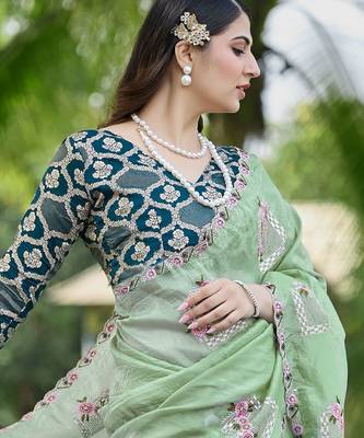 Pista green embroidered, cut work crush silk bollywood saree with blouse 2