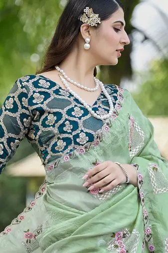 Pista green embroidered, cut work crush silk bollywood saree with blouse