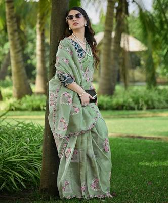 Pista green embroidered, cut work crush silk bollywood saree with blouse 3