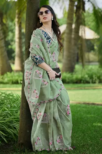 Pista green embroidered, cut work crush silk bollywood saree with blouse