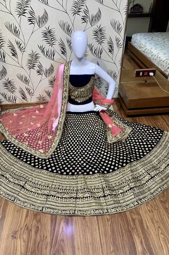 Pure Micro Velvet  Party Wear Lehenga In Blue Color Color With Embroidery Work