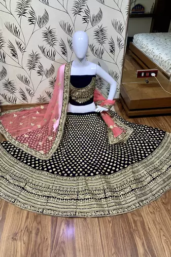 Pure Micro Velvet  Party Wear Lehenga In Blue Color Color With Embroidery Work