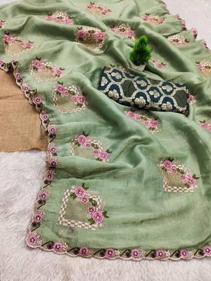 Pista green embroidered, cut work crush silk bollywood saree with blouse 4