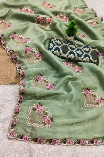 Pista green embroidered, cut work crush silk bollywood saree with blouse