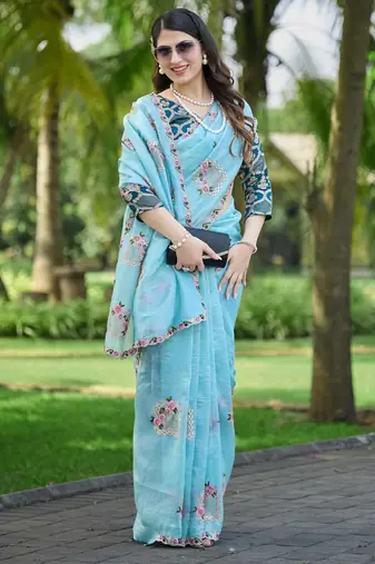 Sky blue embroidered, cut work crush silk bollywood saree with blouse