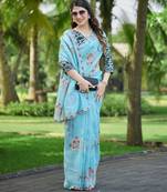 Sky blue embroidered, cut work crush silk bollywood saree with blouse