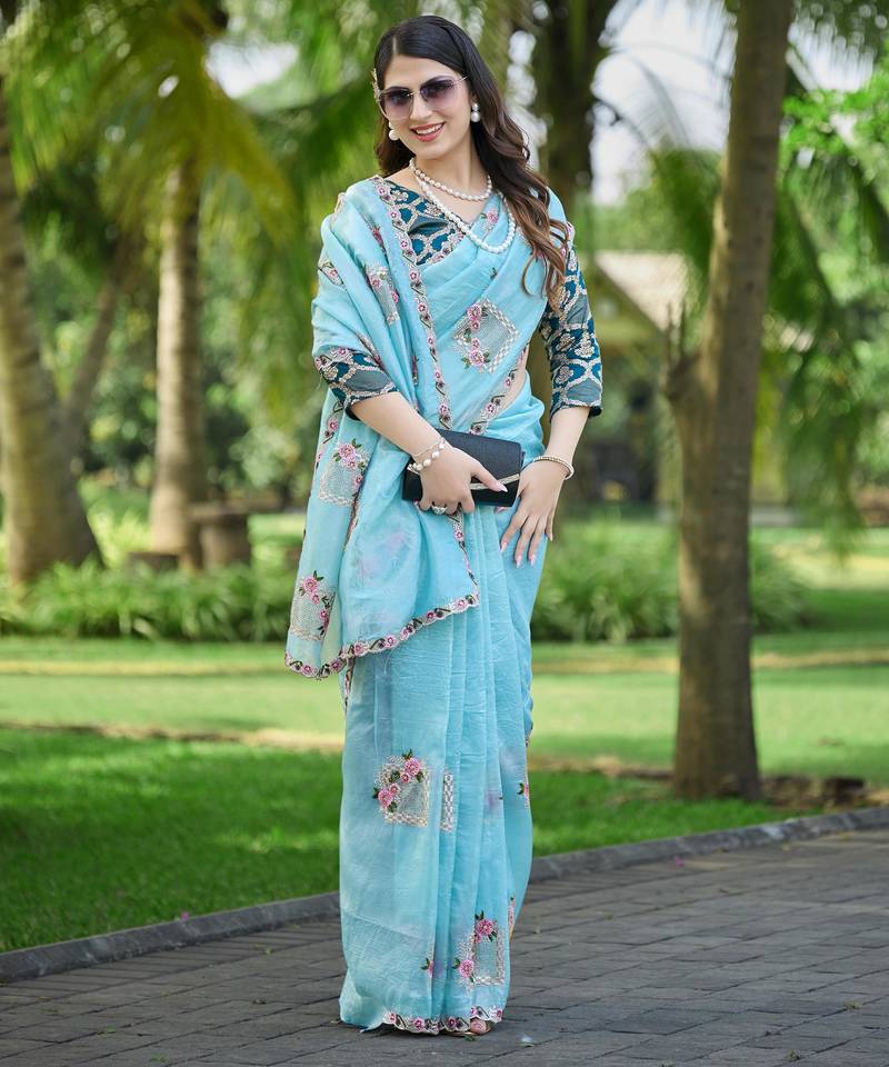 Sky blue embroidered, cut work crush silk bollywood saree with blouse