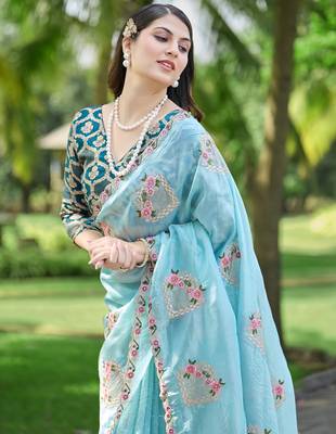 Sky blue embroidered, cut work crush silk bollywood saree with blouse 2