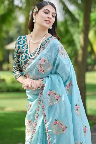 Sky blue embroidered, cut work crush silk bollywood saree with blouse
