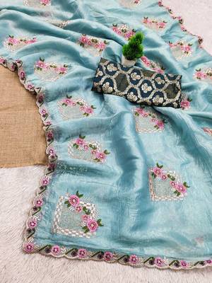 Sky blue embroidered, cut work crush silk bollywood saree with blouse 3