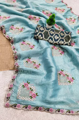 Sky blue embroidered, cut work crush silk bollywood saree with blouse