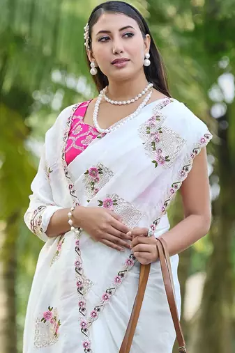 White embroidered, cut work crush silk bollywood saree with blouse