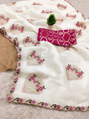 White embroidered, cut work crush silk bollywood saree with blouse 3