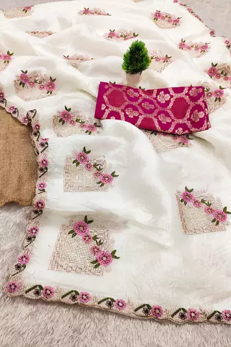 White embroidered, cut work crush silk bollywood saree with blouse