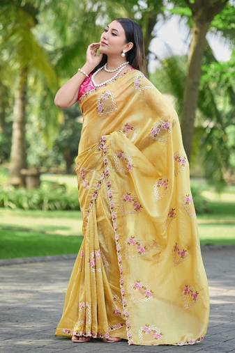 Yellow embroidered, cut work crush silk bollywood saree with blouse