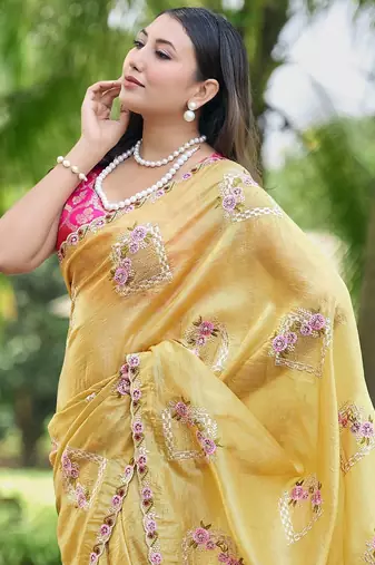 Yellow embroidered, cut work crush silk bollywood saree with blouse