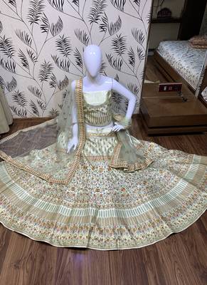 Pure Silk Party Wear Lehenga In Light Green Color Color With Embroidery Work 1