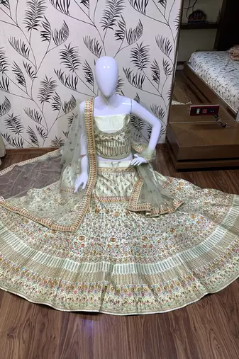 Pure Silk Party Wear Lehenga In Light Green Color Color With Embroidery Work