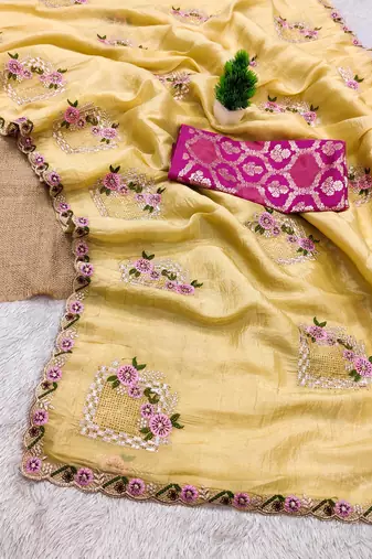 Yellow embroidered, cut work crush silk bollywood saree with blouse