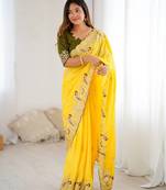 Yellow embroidered, sequin embroidered, cut work chinon silk bollywood saree with blouse