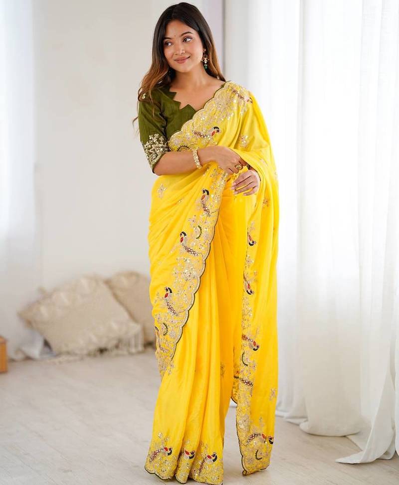 Yellow embroidered, sequin embroidered, cut work chinon silk bollywood saree with blouse