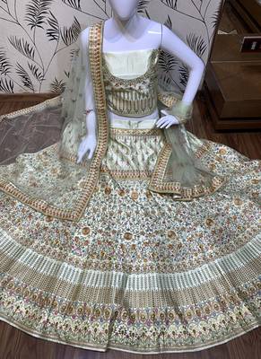 Pure Silk Party Wear Lehenga In Light Green Color Color With Embroidery Work 2